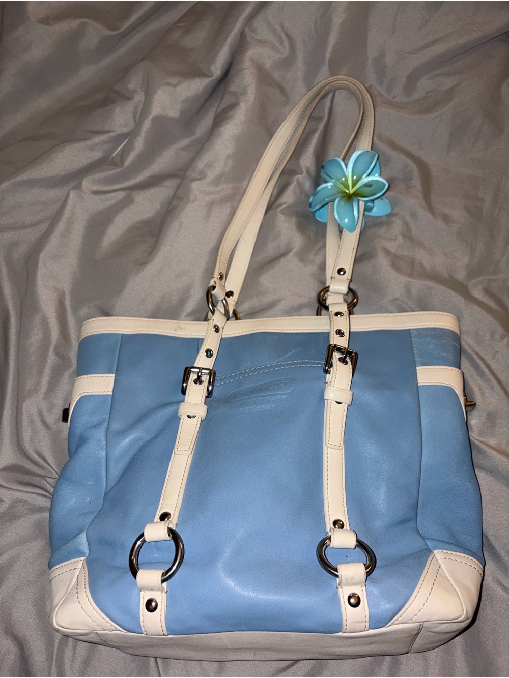 Coach Light Blue Leather Shoulder Bag With Adjustable Straps